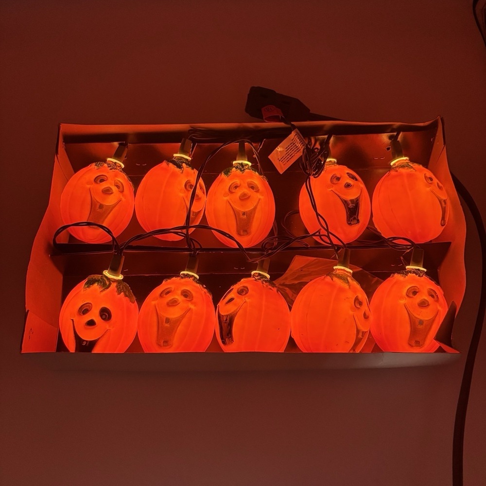 Vintage Jack o lantern Blow Mold String Lights 10‎ Orange Halloween Happy Face